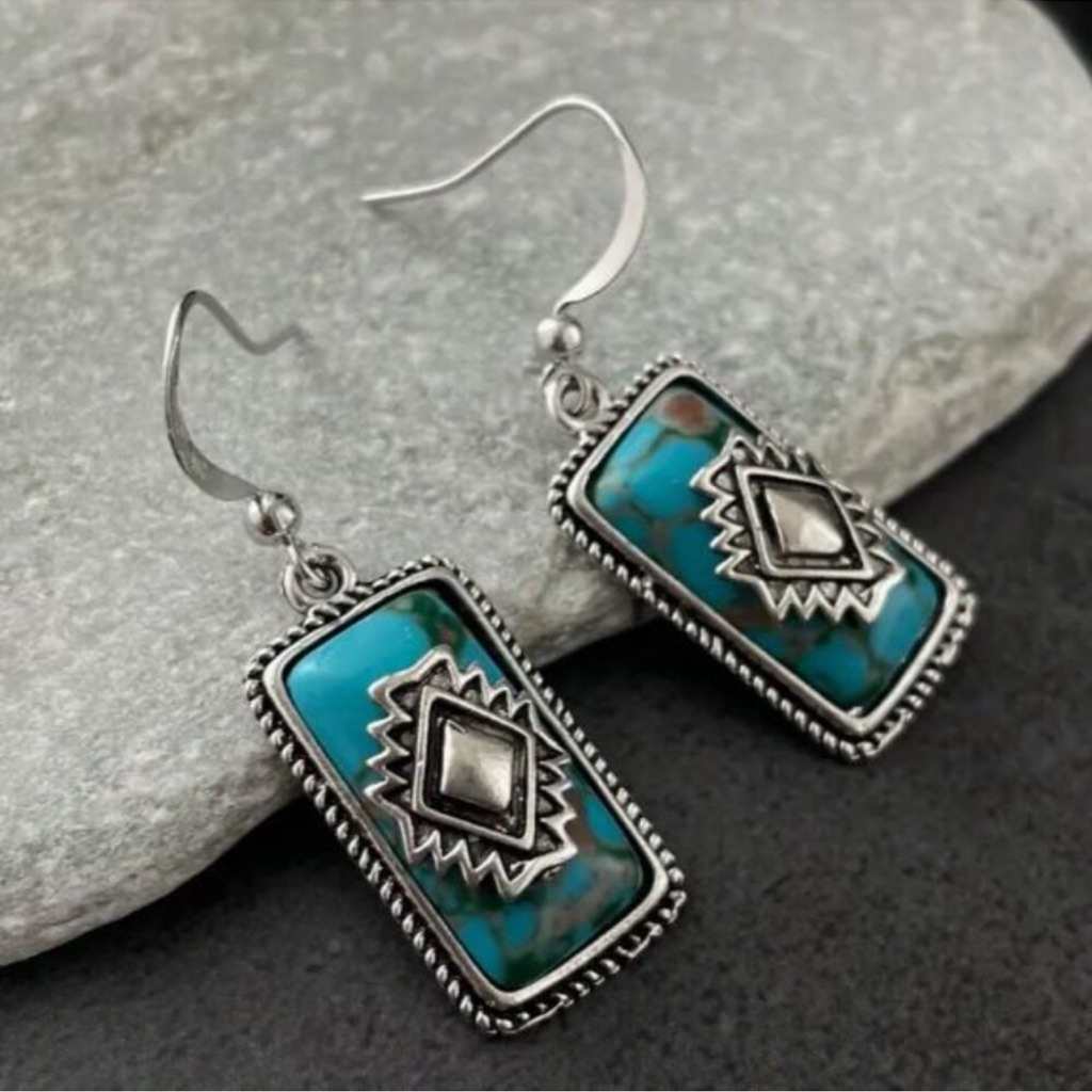 New Stainless Silver Plated Turquoise Blue Stone Southwest Aztec Drop Earrings 45$